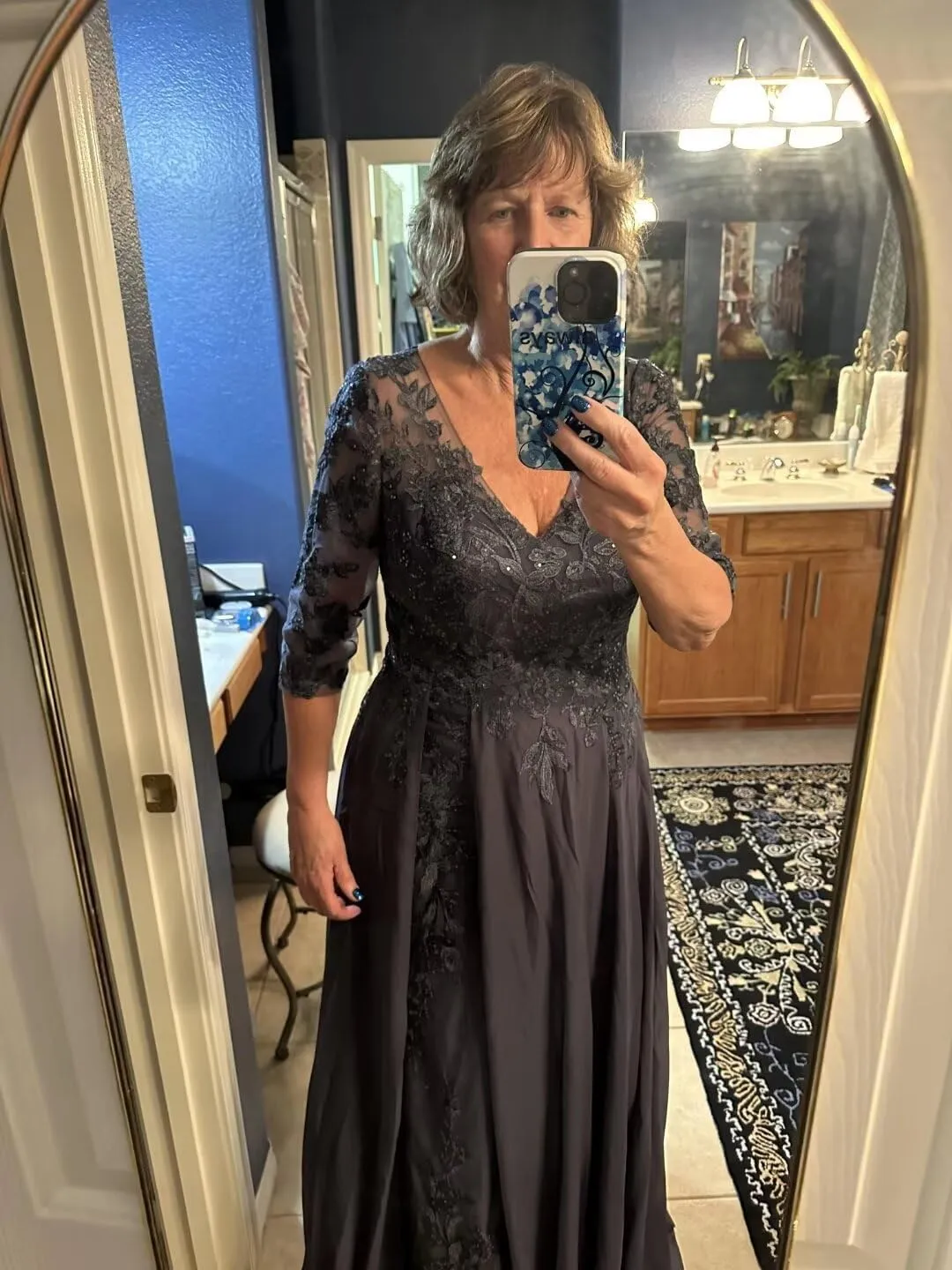 Mother of The Bride Dresses Lace Applique Sequins 3/4 Sleeve Wedding Guest Gowns Chiffon Formal Evening Dress HR001