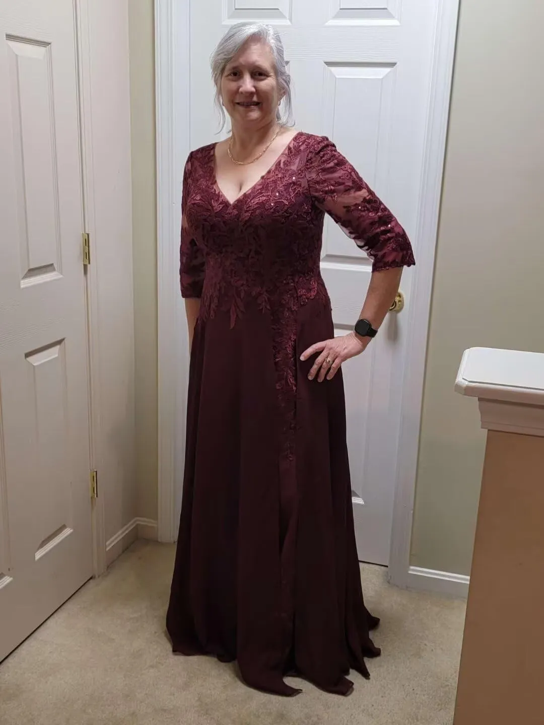 Mother of The Bride Dresses Lace Applique Sequins 3/4 Sleeve Wedding Guest Gowns Chiffon Formal Evening Dress HR001