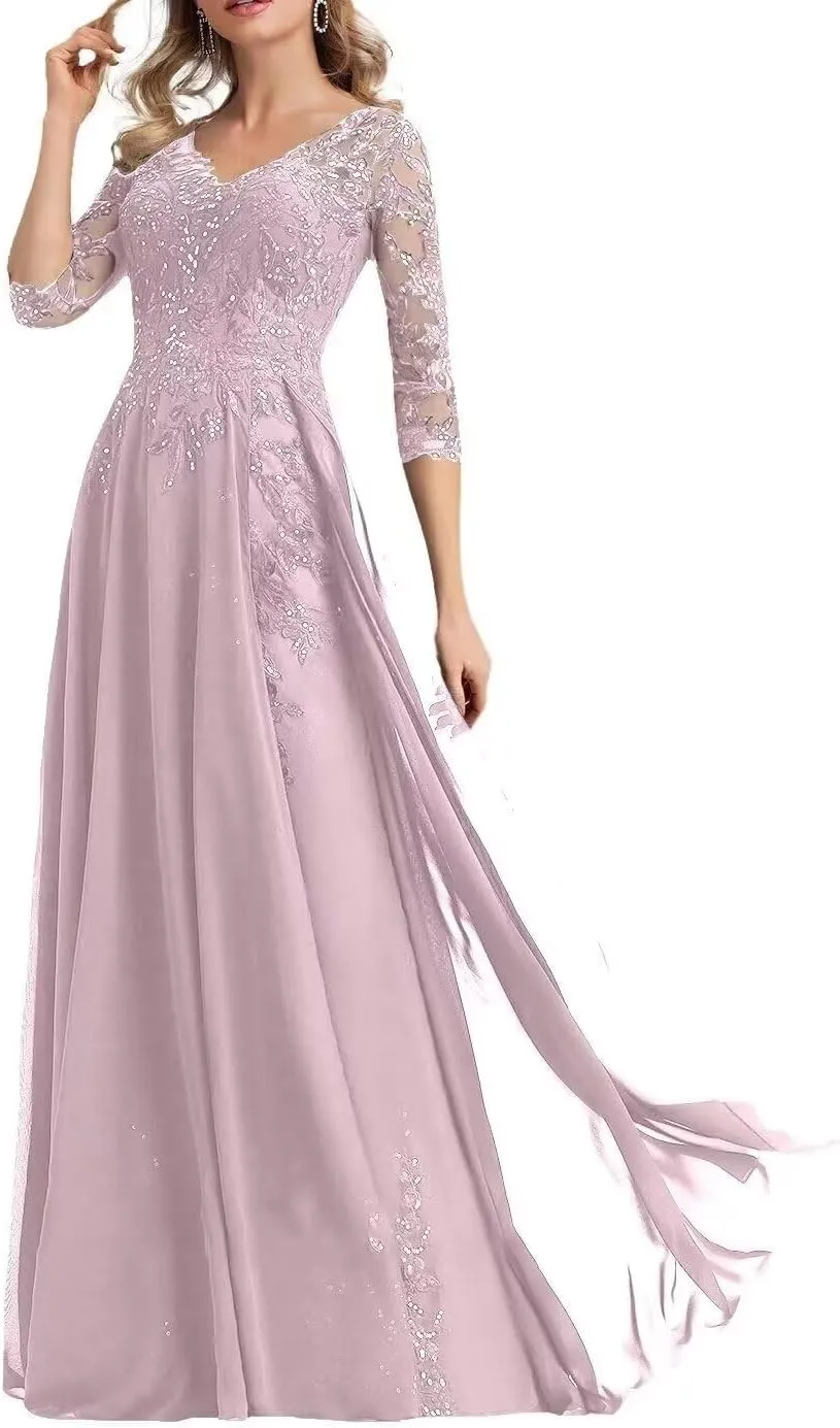 Mother of The Bride Dresses Lace Applique Sequins 3/4 Sleeve Wedding Guest Gowns Chiffon Formal Evening Dress HR001