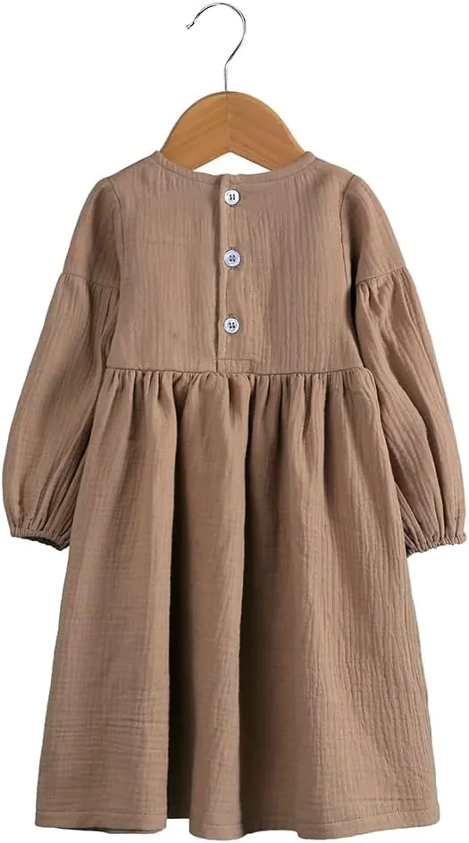 MYGBCPJS Little Girls Kid Cotton Linen Dress Toddler Baby Lantern Long Sleeve Button Down Dress Sundress Beach Party Clothes