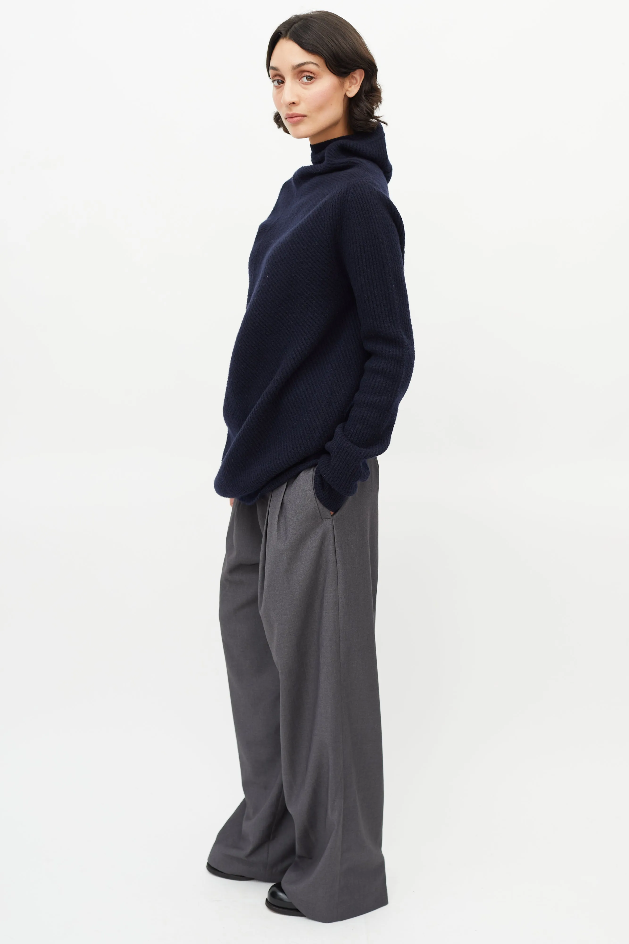 Navy Wool & Cashmere Asymmetrical Sweater