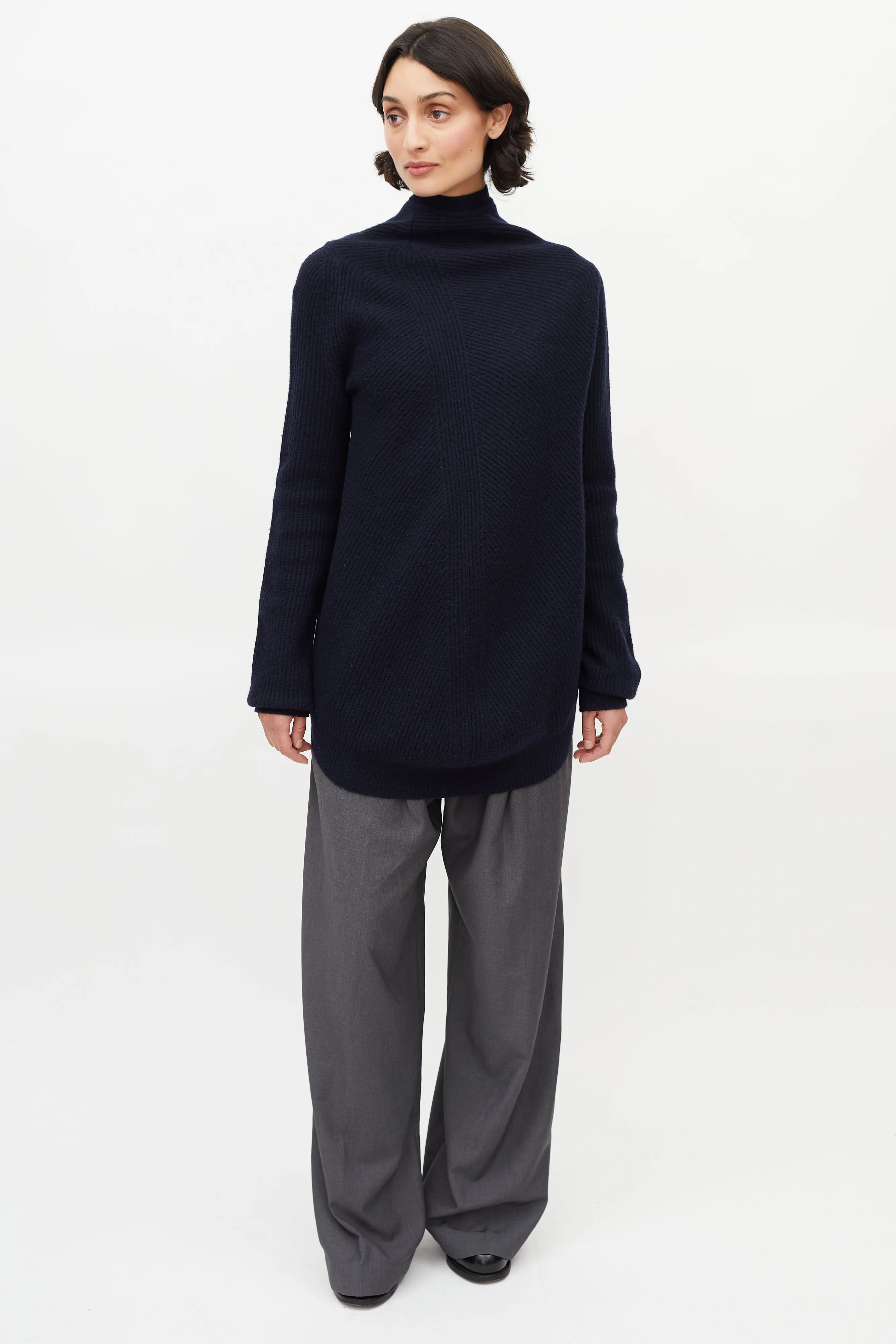 Navy Wool & Cashmere Asymmetrical Sweater