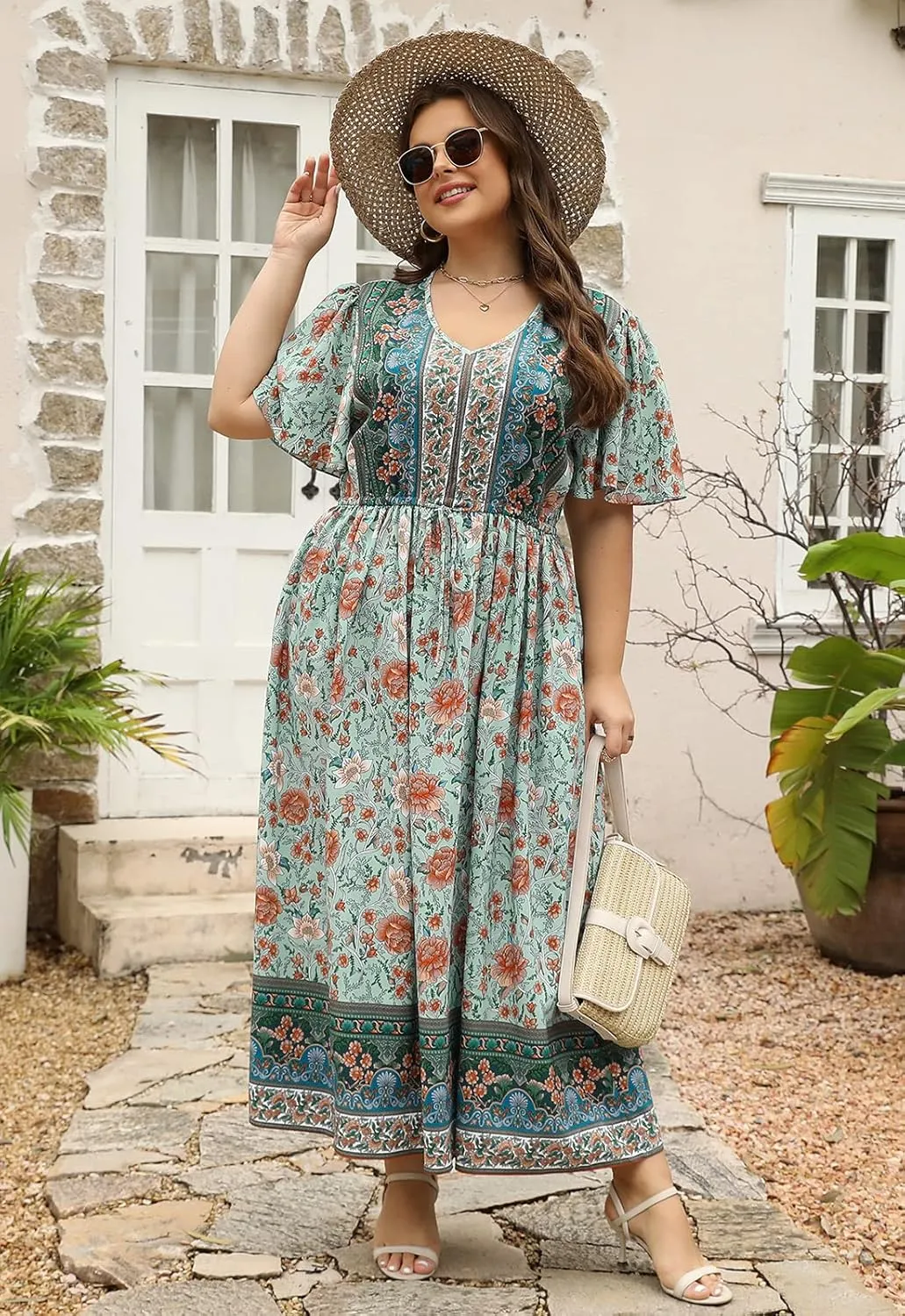 Nemidor Womens Plus Size Boho Floral Print Casual Flared Maxi Dress with Pocket NEM420