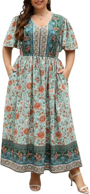 Nemidor Womens Plus Size Boho Floral Print Casual Flared Maxi Dress with Pocket NEM420