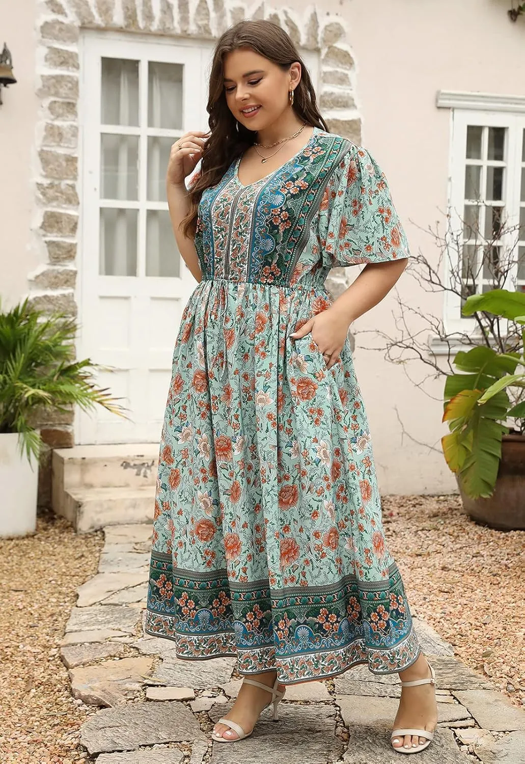 Nemidor Womens Plus Size Boho Floral Print Casual Flared Maxi Dress with Pocket NEM420