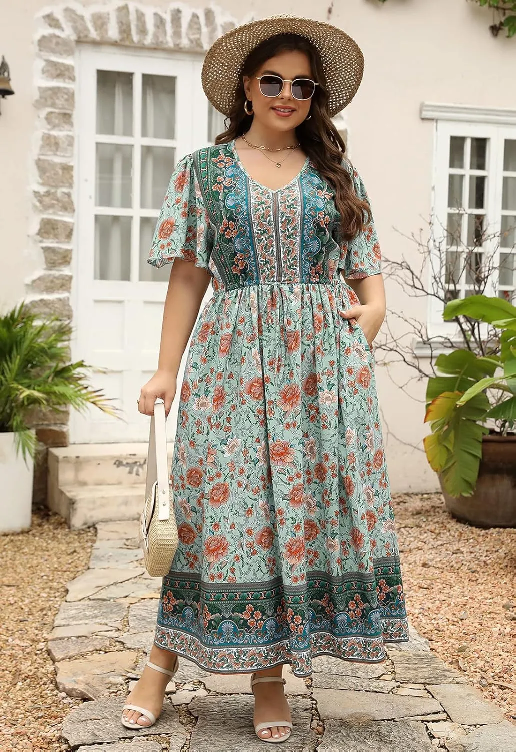 Nemidor Womens Plus Size Boho Floral Print Casual Flared Maxi Dress with Pocket NEM420