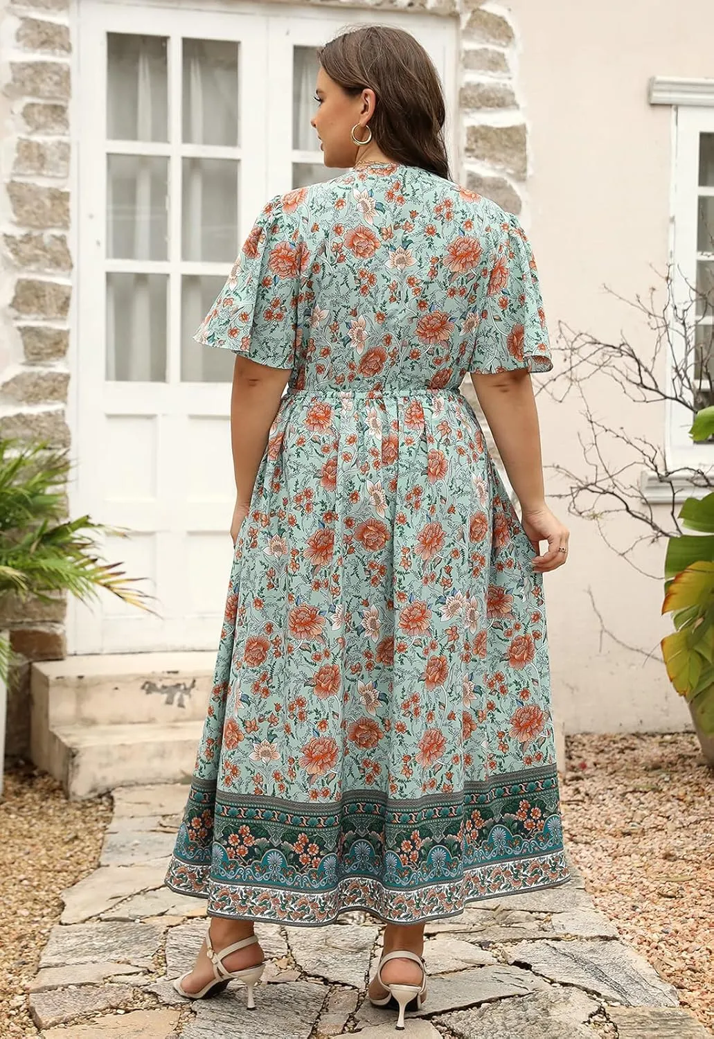 Nemidor Womens Plus Size Boho Floral Print Casual Flared Maxi Dress with Pocket NEM420