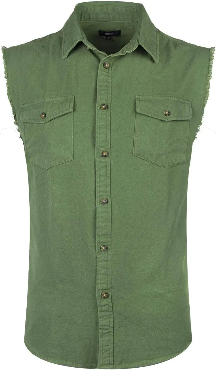 NUTEXROL Men's Sleeveless Denim/Cotton Shirt Biker Vest 2 Front Pockets