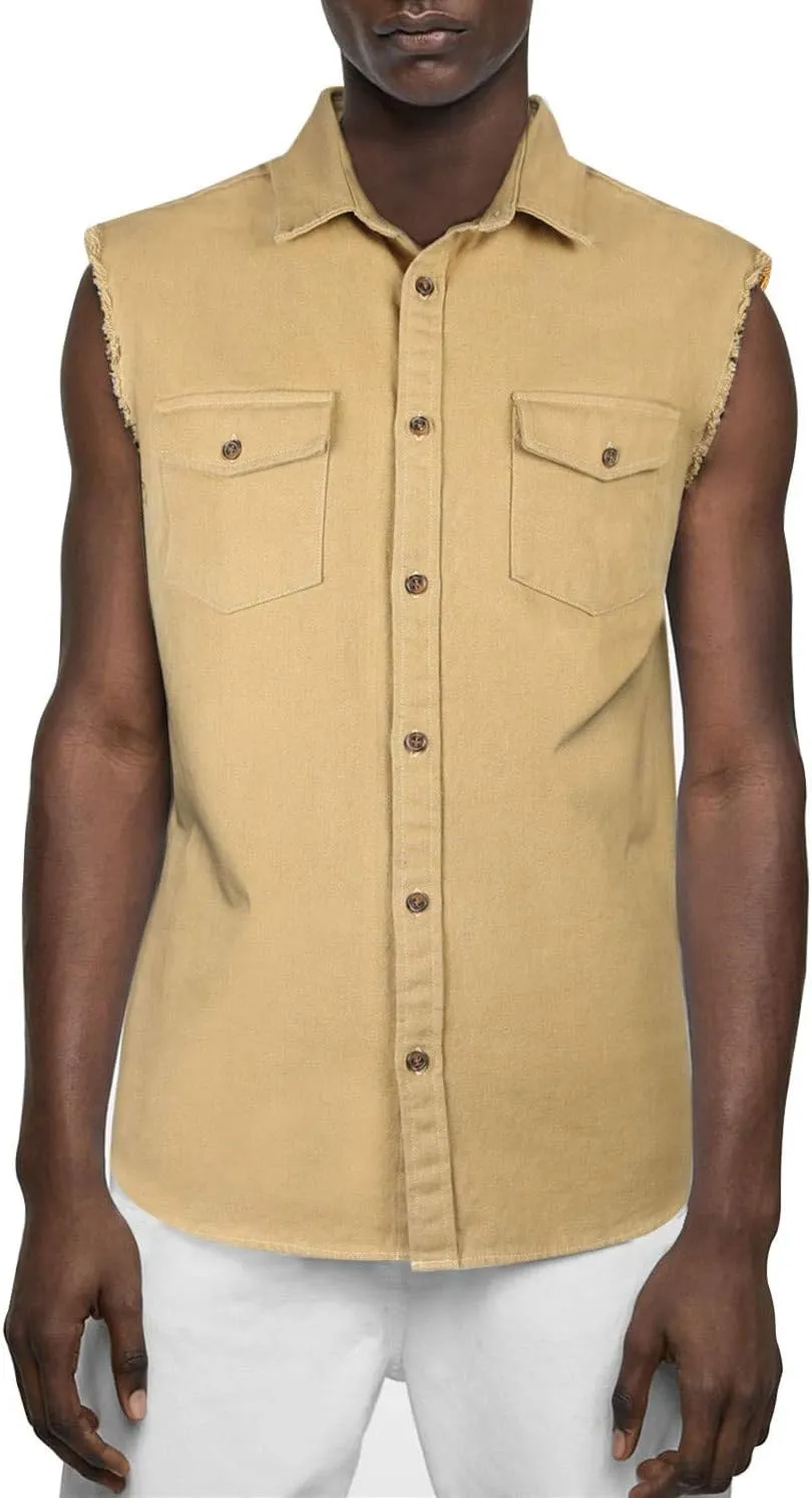 NUTEXROL Men's Sleeveless Denim/Cotton Shirt Biker Vest 2 Front Pockets