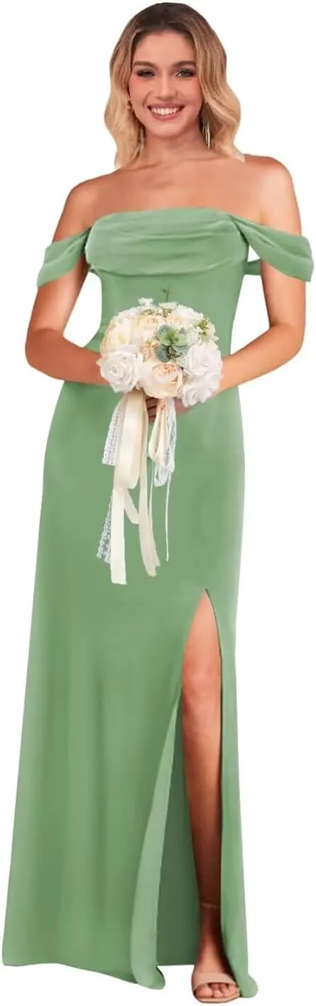 Off The Shoulder Bridesmaid Dress with Slit Chiffon Long Formal Evening Dresses for Women