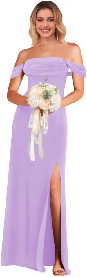 Off The Shoulder Bridesmaid Dress with Slit Chiffon Long Formal Evening Dresses for Women