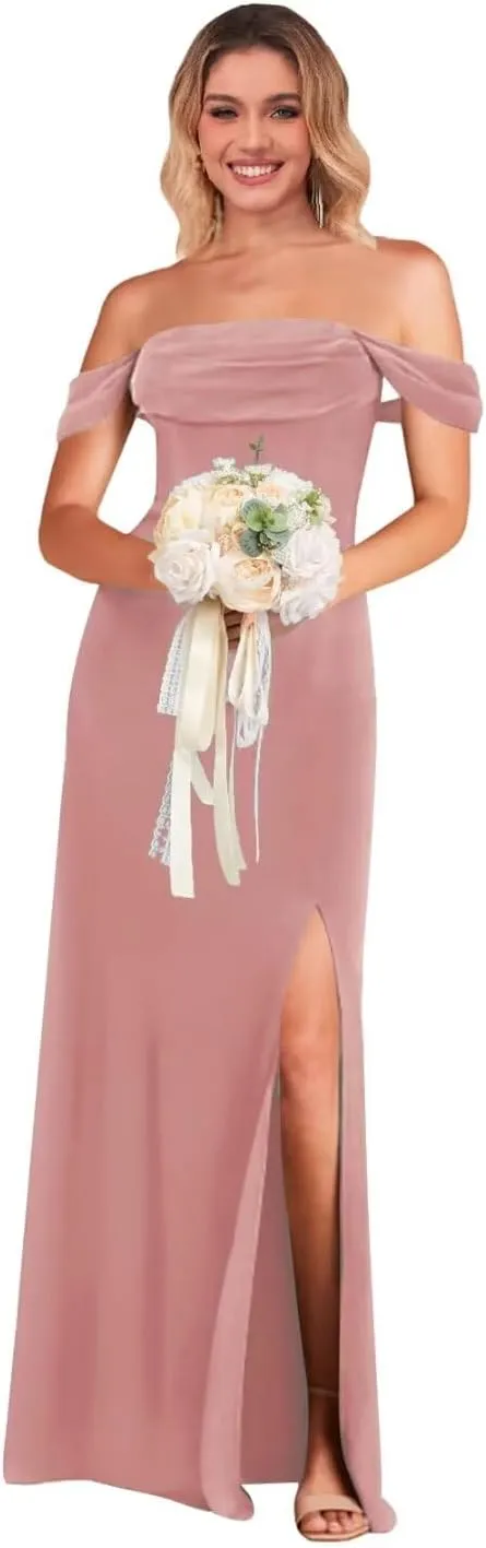 Off The Shoulder Bridesmaid Dress with Slit Chiffon Long Formal Evening Dresses for Women