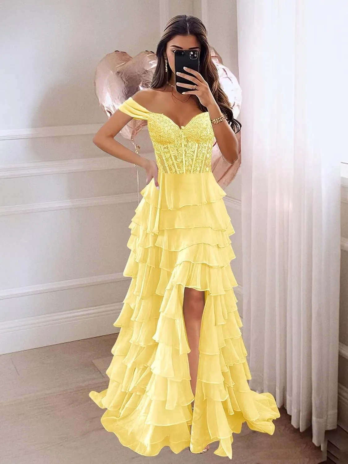Off The Shoulder Prom Dresses Long Ball Gown with Slit Lace Appliques Tiered Chiffon Formal Evening Gown for Women
