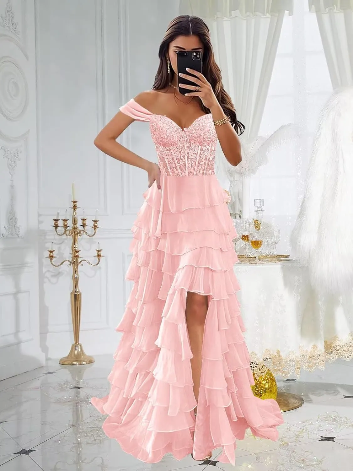 Off The Shoulder Prom Dresses Long Ball Gown with Slit Lace Appliques Tiered Chiffon Formal Evening Gown for Women