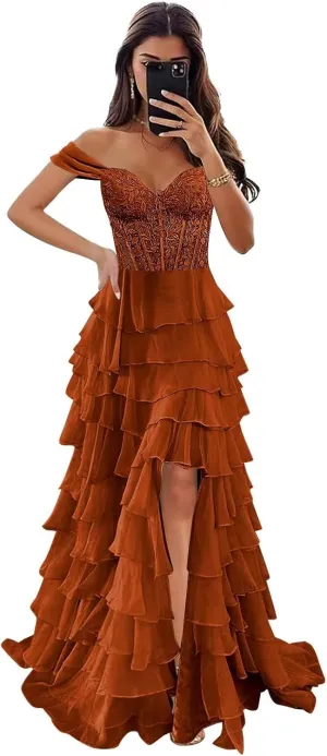 Off The Shoulder Prom Dresses Long Ball Gown with Slit Lace Appliques Tiered Chiffon Formal Evening Gown for Women
