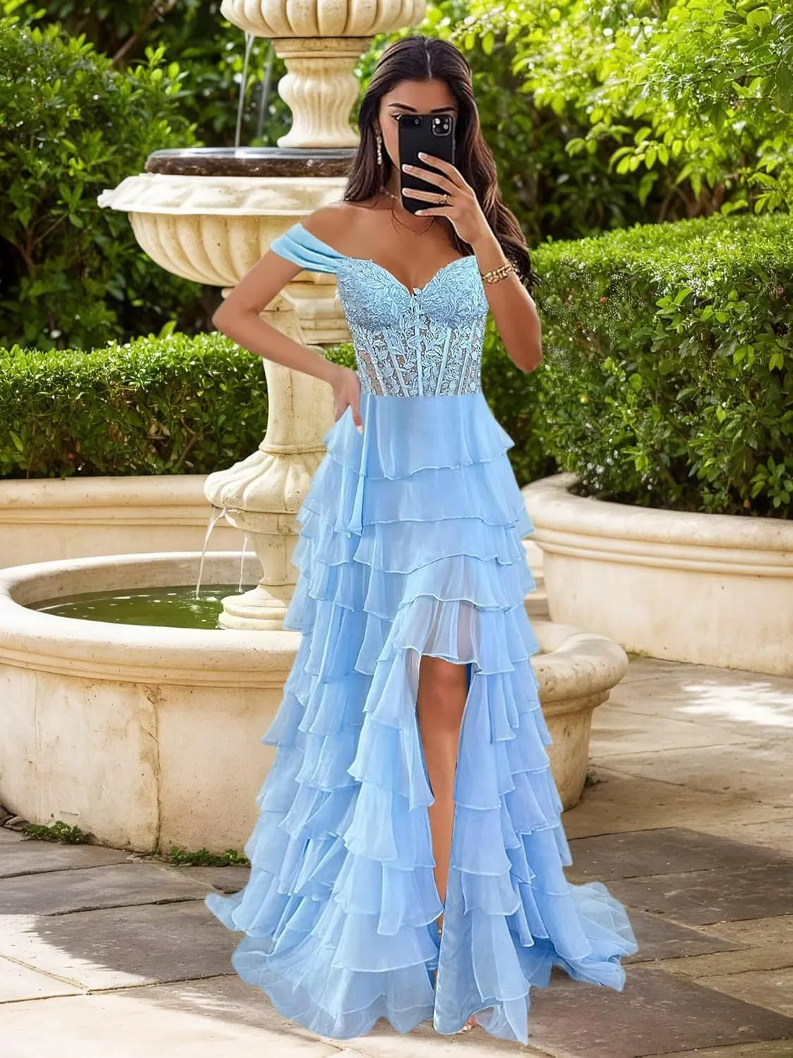 Off The Shoulder Prom Dresses Long Ball Gown with Slit Lace Appliques Tiered Chiffon Formal Evening Gown for Women
