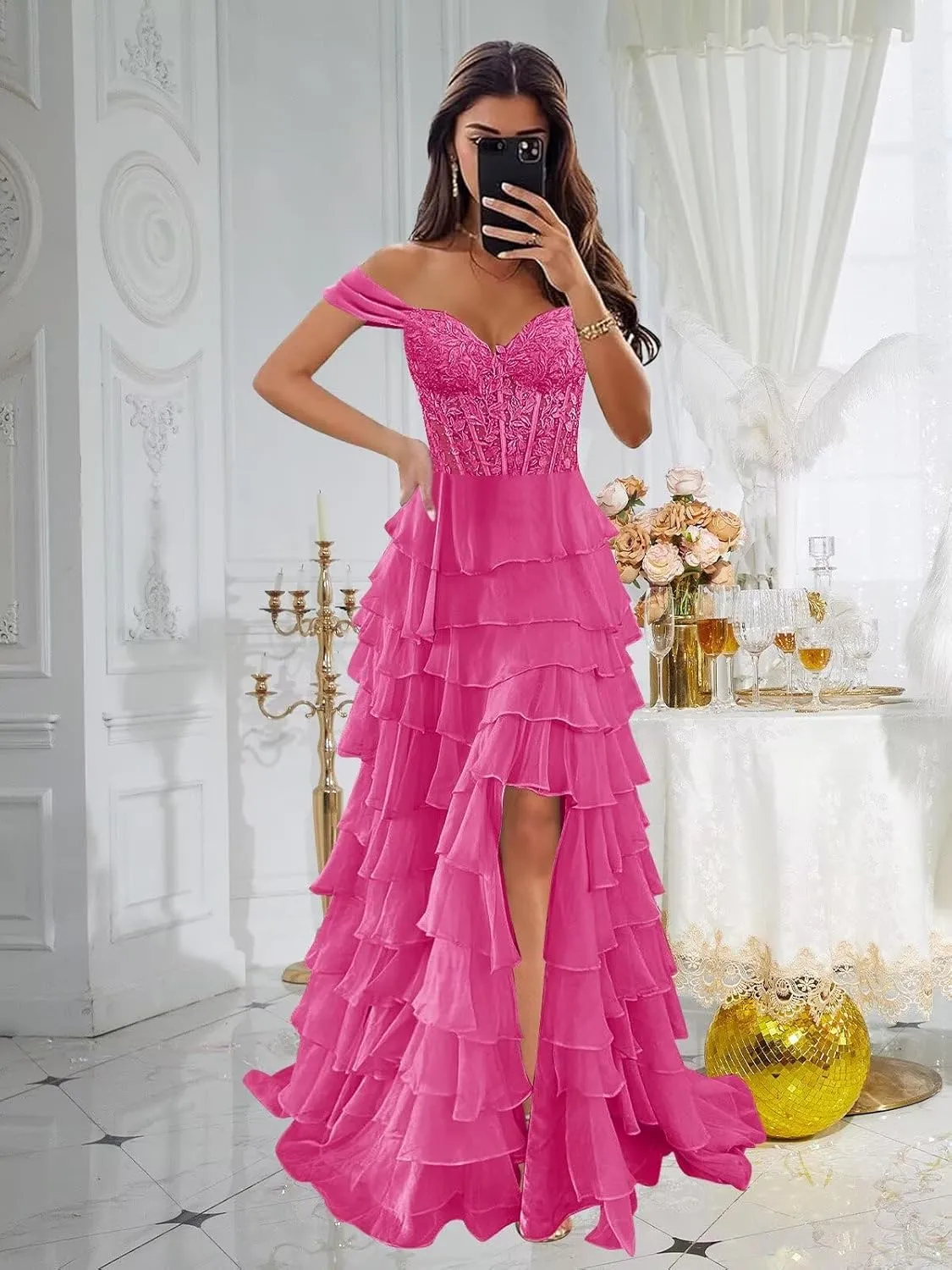 Off The Shoulder Prom Dresses Long Ball Gown with Slit Lace Appliques Tiered Chiffon Formal Evening Gown for Women