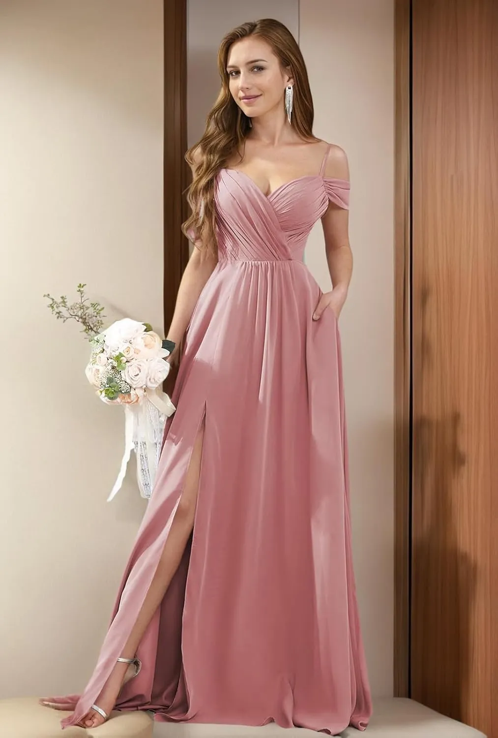 Off The Shoulder Ruffle Chiffon Bridesmaid Dresses for Women Modest Split Long Formal Evening Gowns with Pockets