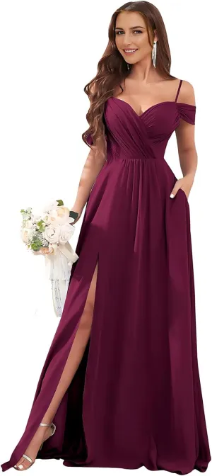 Off The Shoulder Ruffle Chiffon Bridesmaid Dresses for Women Modest Split Long Formal Evening Gowns with Pockets