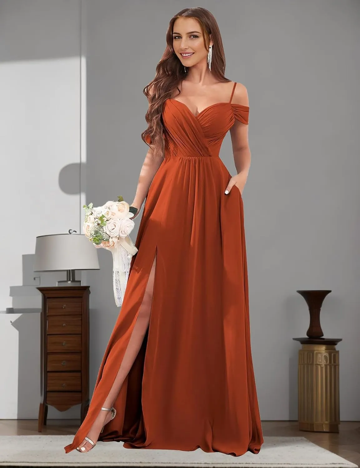 Off The Shoulder Ruffle Chiffon Bridesmaid Dresses for Women Modest Split Long Formal Evening Gowns with Pockets