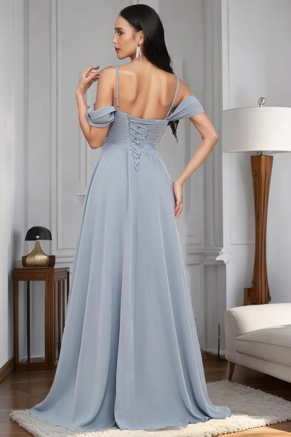 Off The Shoulder Ruffle Chiffon Bridesmaid Dresses for Women Modest Split Long Formal Evening Gowns with Pockets