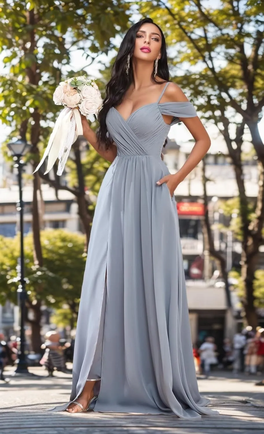 Off The Shoulder Ruffle Chiffon Bridesmaid Dresses for Women Modest Split Long Formal Evening Gowns with Pockets