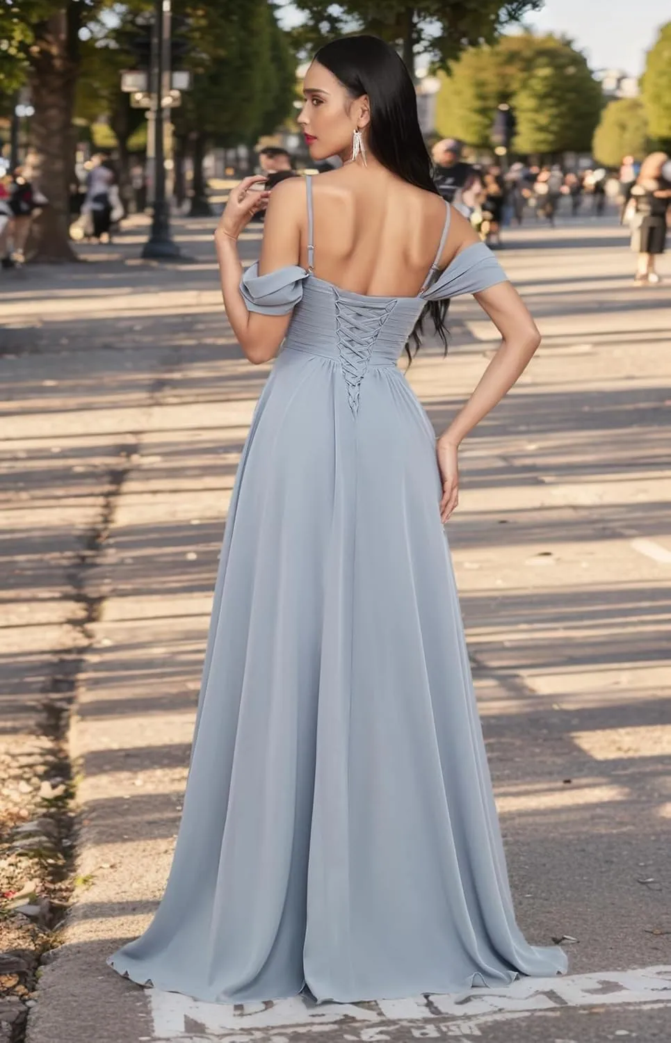 Off The Shoulder Ruffle Chiffon Bridesmaid Dresses for Women Modest Split Long Formal Evening Gowns with Pockets