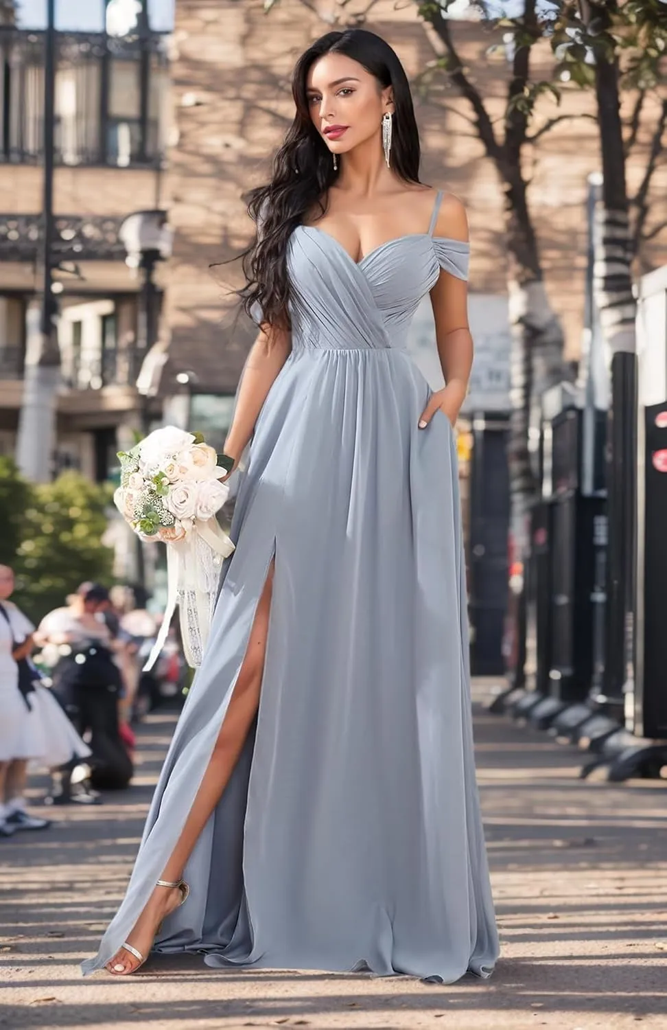 Off The Shoulder Ruffle Chiffon Bridesmaid Dresses for Women Modest Split Long Formal Evening Gowns with Pockets