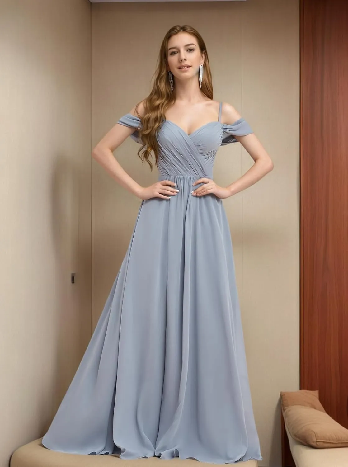 Off The Shoulder Ruffle Chiffon Bridesmaid Dresses for Women Modest Split Long Formal Evening Gowns with Pockets