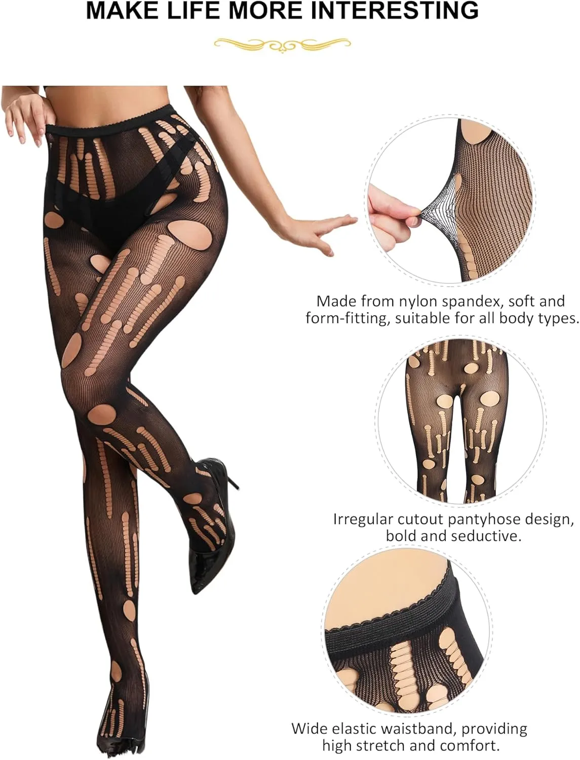 ohyeah Sexy Tights High Waisted Pantyhose for Women Sheer Black Tights Plus Size Fishnet Stockings Holes Leggings (90-265Lbs)