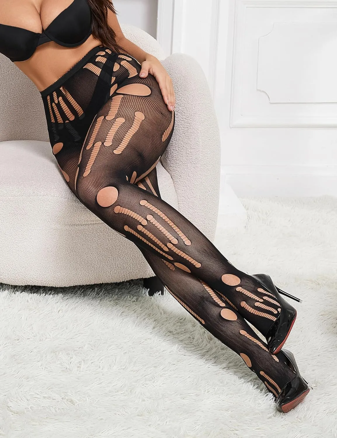 ohyeah Sexy Tights High Waisted Pantyhose for Women Sheer Black Tights Plus Size Fishnet Stockings Holes Leggings (90-265Lbs)