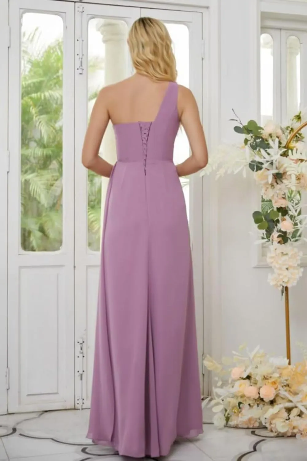 One Shoulder Bridesmaid Dresses Ruched Chiffon A Line Evening Formal Gown with Slit
