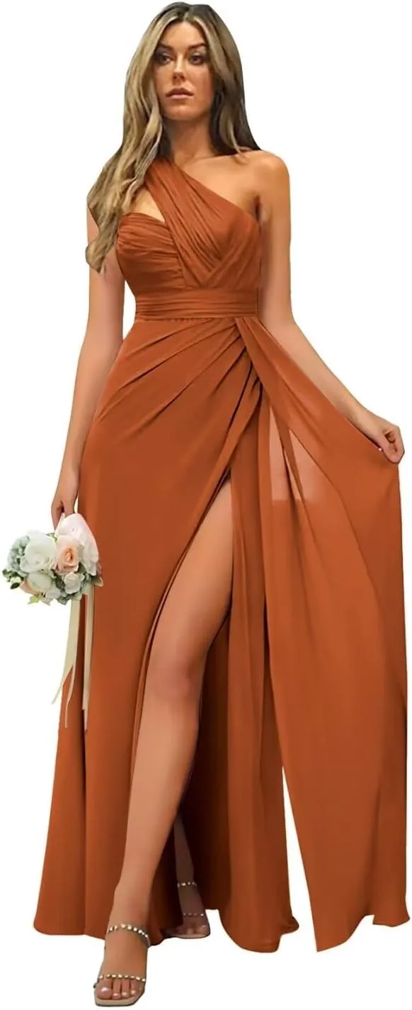 One Shoulder Bridesmaid Dresses Ruched Chiffon A Line Evening Formal Gown with Slit