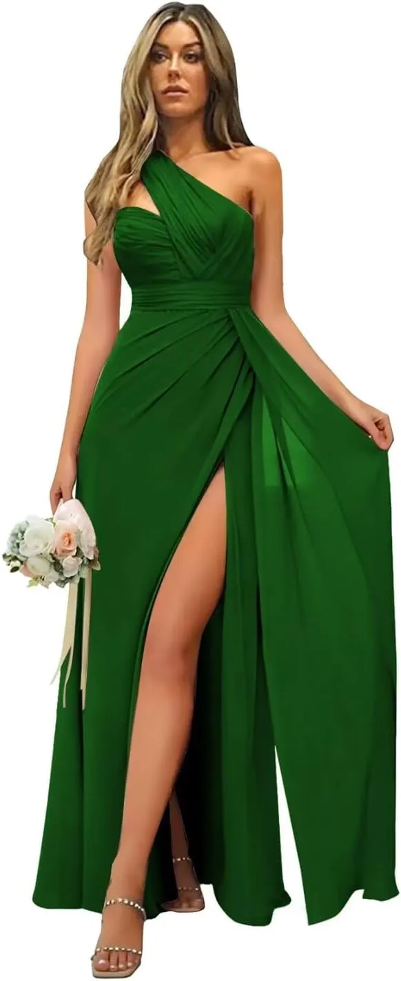 One Shoulder Bridesmaid Dresses Ruched Chiffon A Line Evening Formal Gown with Slit