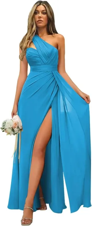 One Shoulder Bridesmaid Dresses Ruched Chiffon A Line Evening Formal Gown with Slit