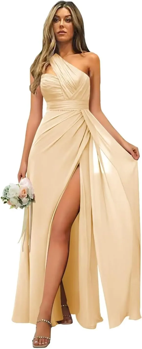 One Shoulder Bridesmaid Dresses Ruched Chiffon A Line Evening Formal Gown with Slit