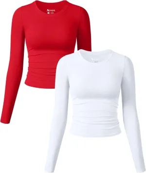 OQQ Womens 2 Piece Shirts Long Sleeve Crew Neck Ruched Stretch Basic Fitted Tee Shirts Tops