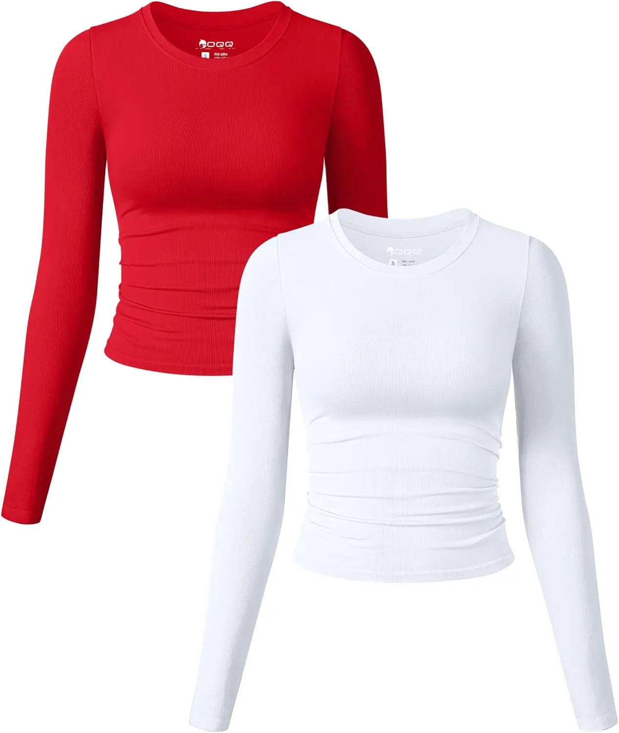 OQQ Womens 2 Piece Shirts Long Sleeve Crew Neck Ruched Stretch Basic Fitted Tee Shirts Tops