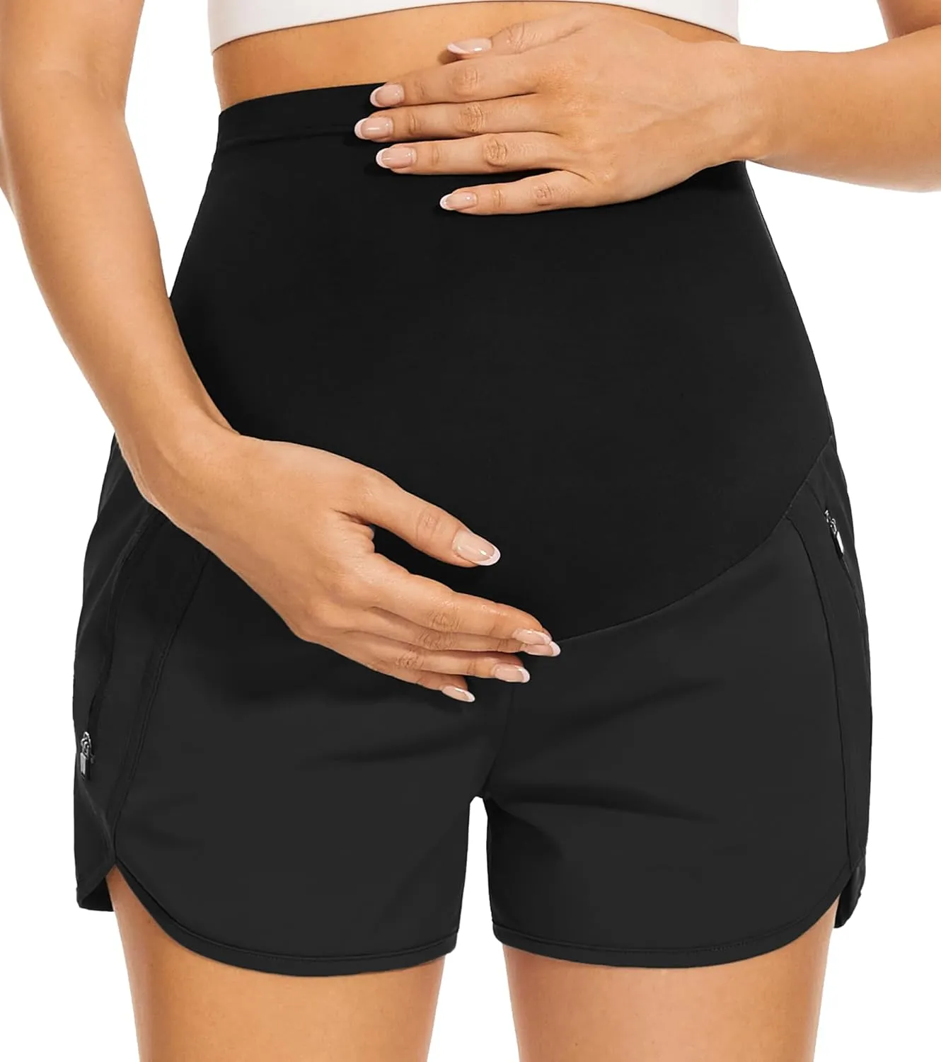 PACBREEZE Women's Maternity Shorts Over Belly Quick Dry Workout Athletic Running Shorts with Zipper Pockets