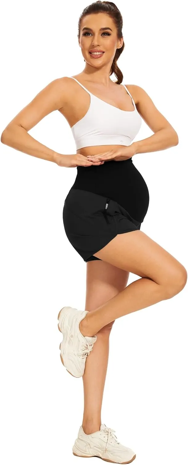 PACBREEZE Women's Maternity Shorts Over Belly Quick Dry Workout Athletic Running Shorts with Zipper Pockets