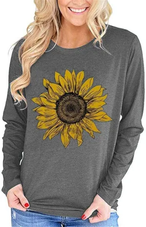 Pfvkeree Women's Sunflower Graphic T Shirt Cute Funny Long Sleeve Casual Cotton Tee Tops