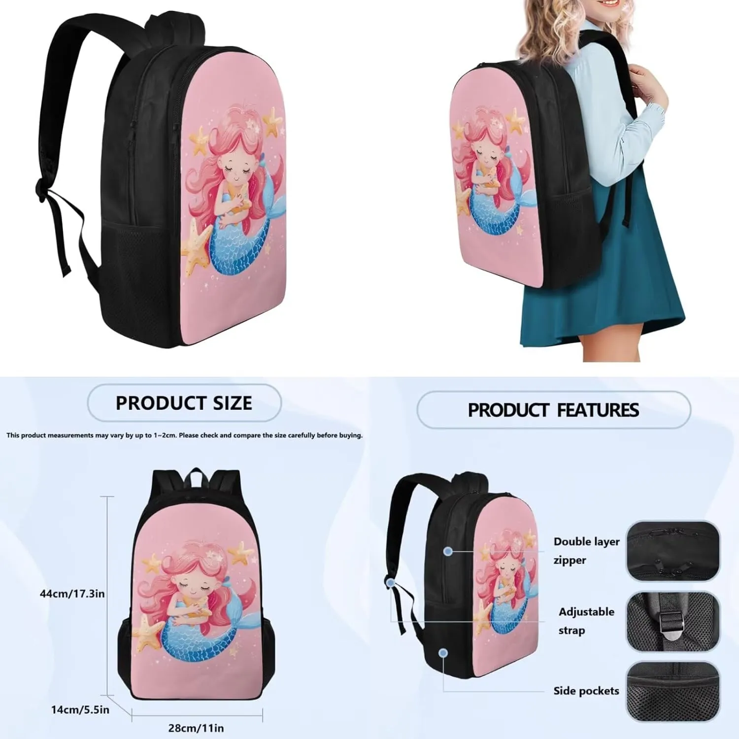 Pink Mermaid Bookbag and Lunch Box Set for Boys 17 Inch Preppy Backpacks for Teen Girls Pencil Case Kids Insulated Water Bottle Carrier 4 Piece Large Capacity Easy Clean Lightweight
