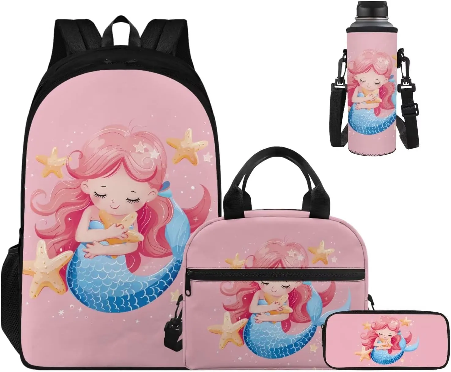 Pink Mermaid Bookbag and Lunch Box Set for Boys 17 Inch Preppy Backpacks for Teen Girls Pencil Case Kids Insulated Water Bottle Carrier 4 Piece Large Capacity Easy Clean Lightweight