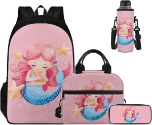 Pink Mermaid Bookbag and Lunch Box Set for Boys 17 Inch Preppy Backpacks for Teen Girls Pencil Case Kids Insulated Water Bottle Carrier 4 Piece Large Capacity Easy Clean Lightweight