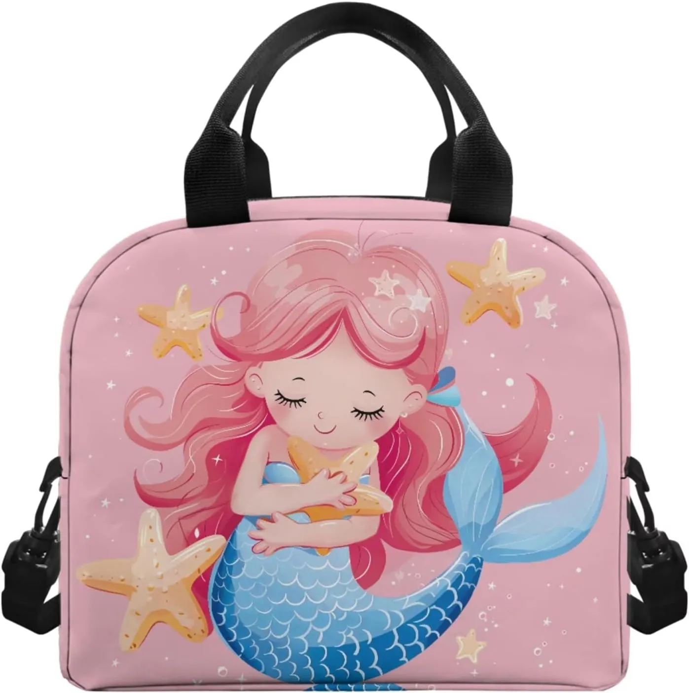 Pink Mermaid Bookbag and Lunch Box Set for Boys 17 Inch Preppy Backpacks for Teen Girls Pencil Case Kids Insulated Water Bottle Carrier 4 Piece Large Capacity Easy Clean Lightweight