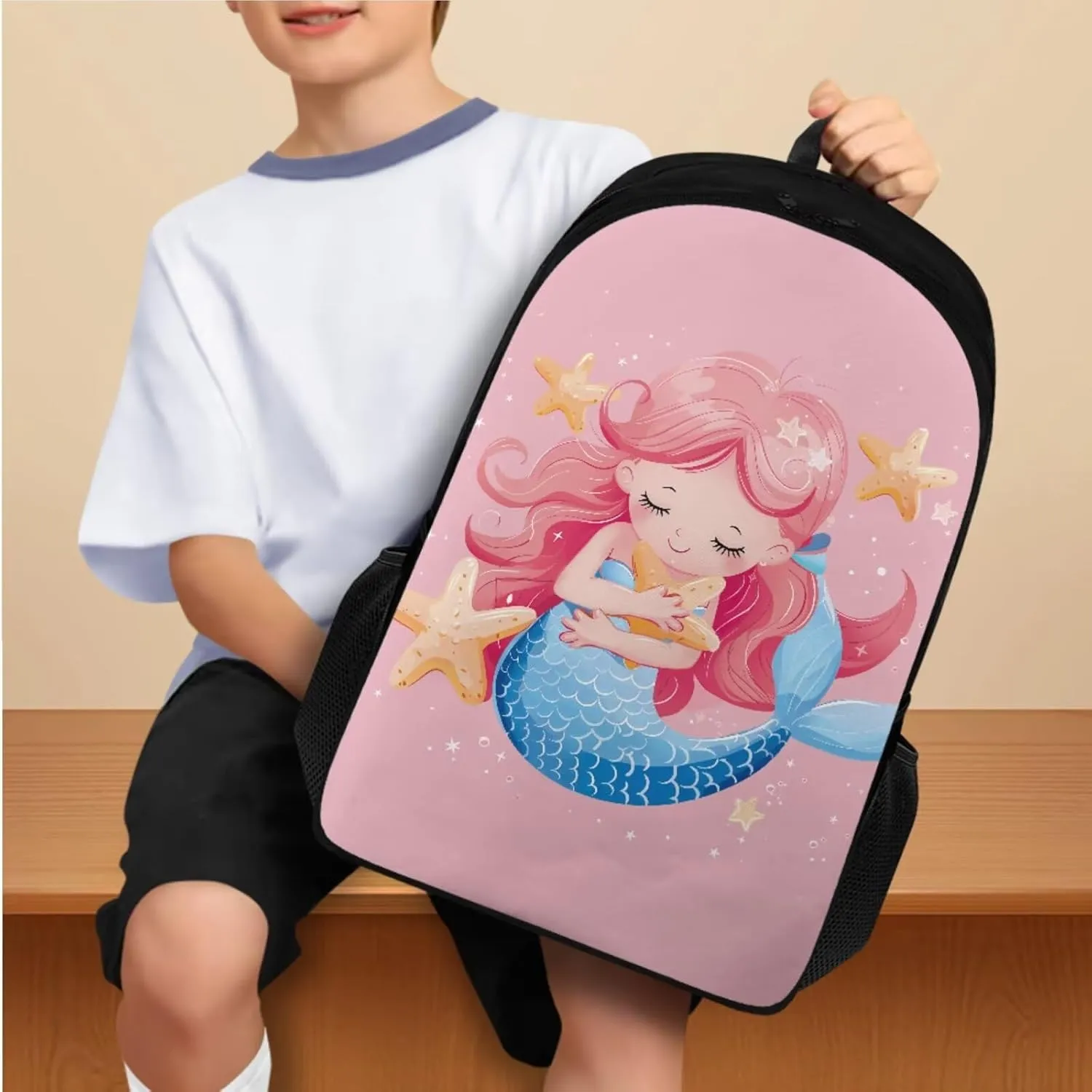 Pink Mermaid Bookbag and Lunch Box Set for Boys 17 Inch Preppy Backpacks for Teen Girls Pencil Case Kids Insulated Water Bottle Carrier 4 Piece Large Capacity Easy Clean Lightweight