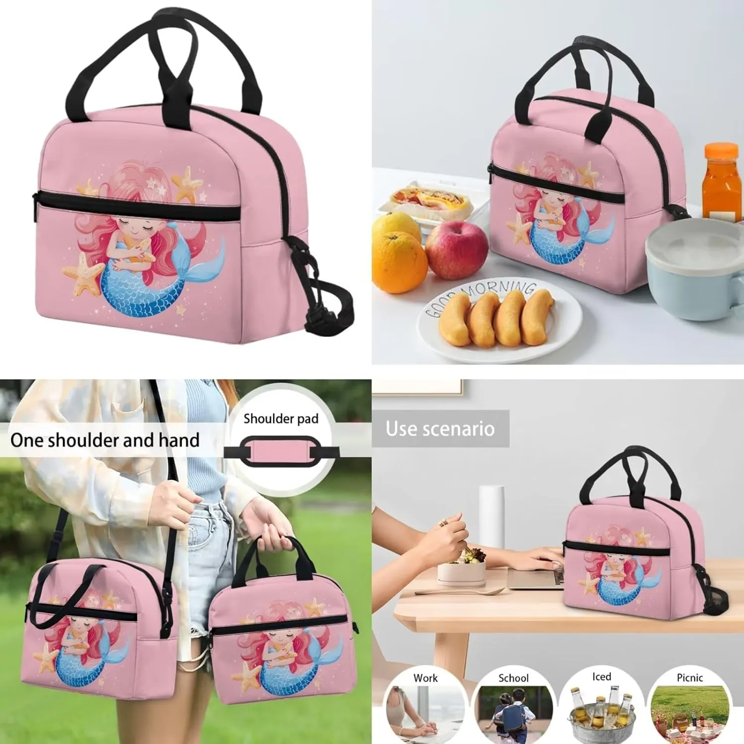 Pink Mermaid Bookbag and Lunch Box Set for Boys 17 Inch Preppy Backpacks for Teen Girls Pencil Case Kids Insulated Water Bottle Carrier 4 Piece Large Capacity Easy Clean Lightweight