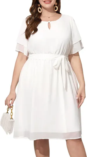 Pinup Fashion Plus Size Dresses for Wedding Guest - Semi Formal Cocktail Chiffon Keyhole Neck Knee Length Dress