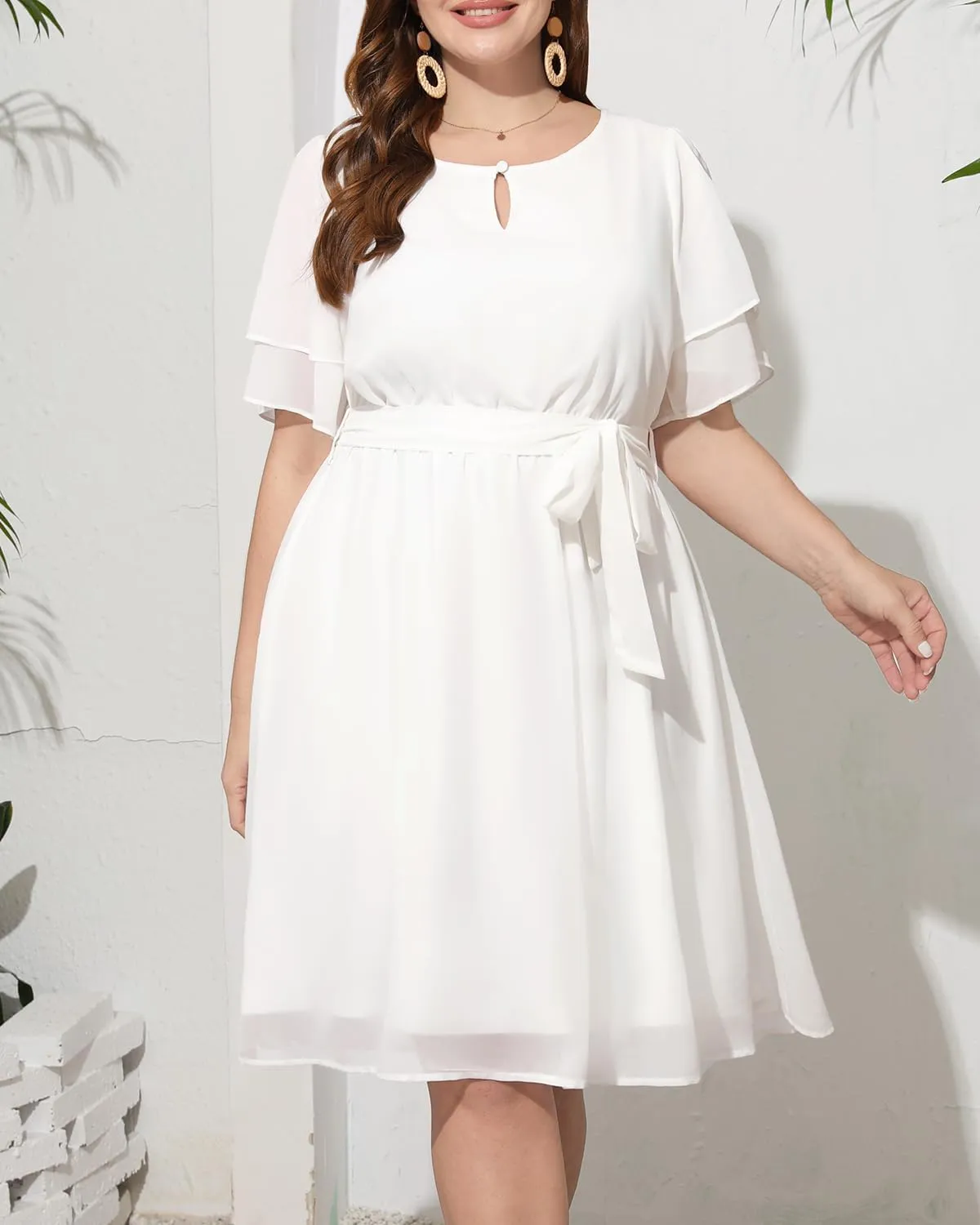 Pinup Fashion Plus Size Dresses for Wedding Guest - Semi Formal Cocktail Chiffon Keyhole Neck Knee Length Dress
