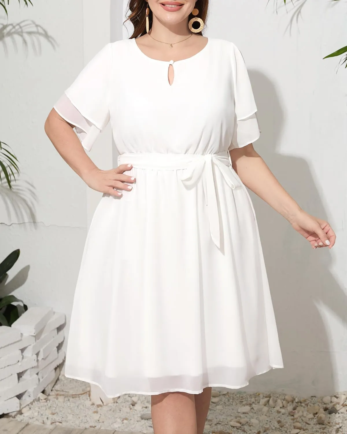 Pinup Fashion Plus Size Dresses for Wedding Guest - Semi Formal Cocktail Chiffon Keyhole Neck Knee Length Dress